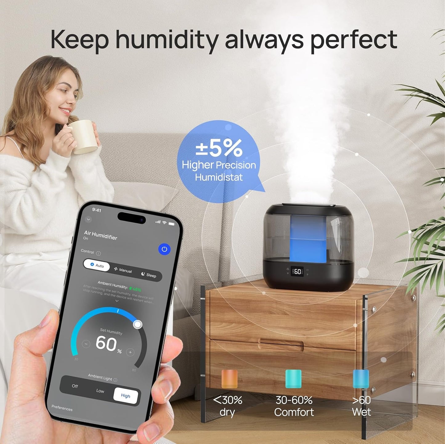 HUM311S Smart WiFi Ultrasonic Humidifier 4L – Quiet 28dB Cool Mist & Essential Oil Diffuser