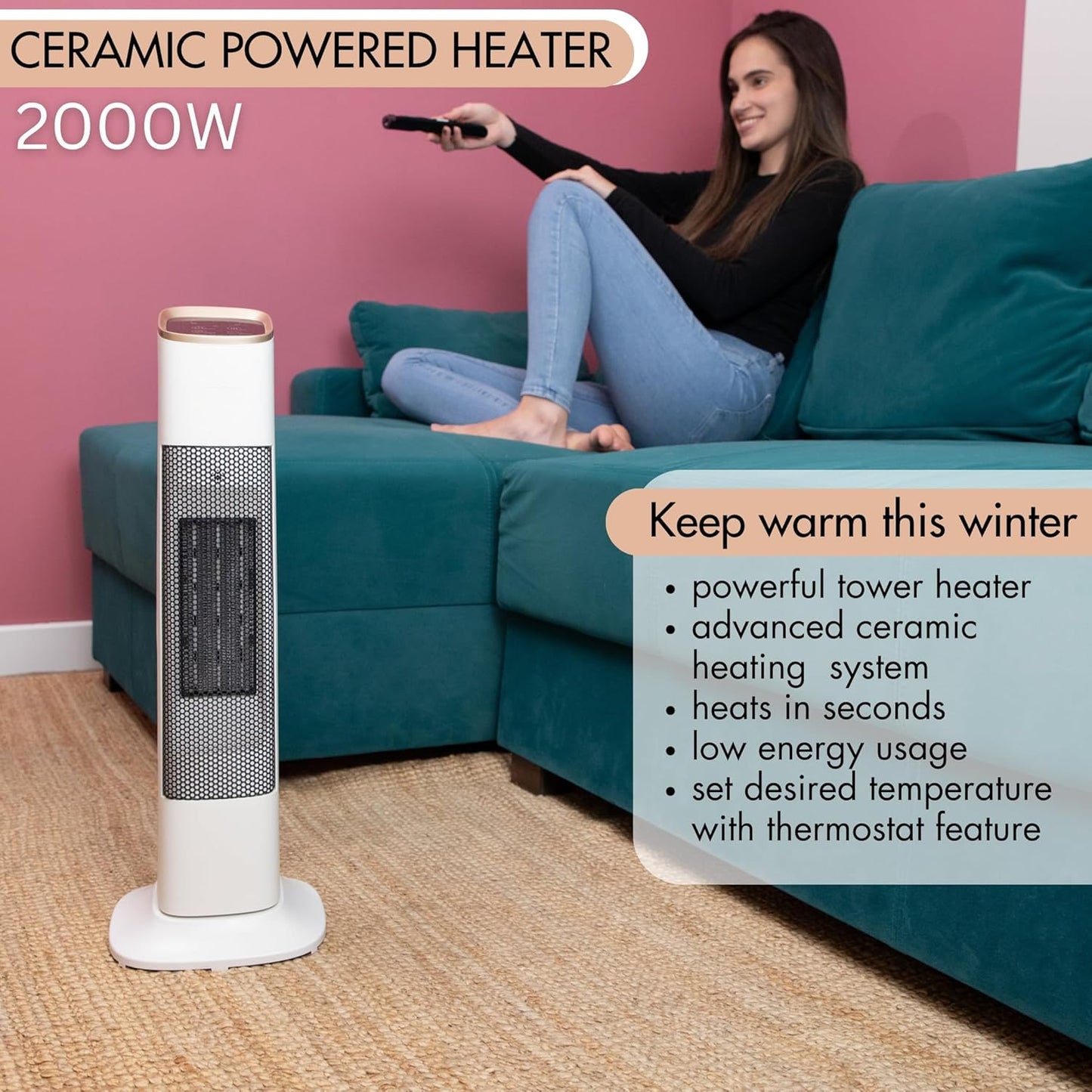 RadiHeat NVT02 19-Inch 2000W Oscillating Tower Heater Fan With Touch Controls