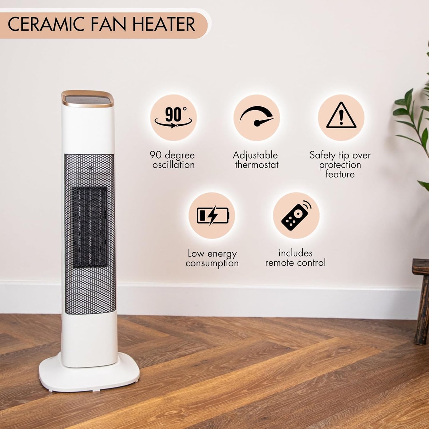 RadiHeat NVT02 19-Inch 2000W Oscillating Tower Heater Fan With Touch Controls