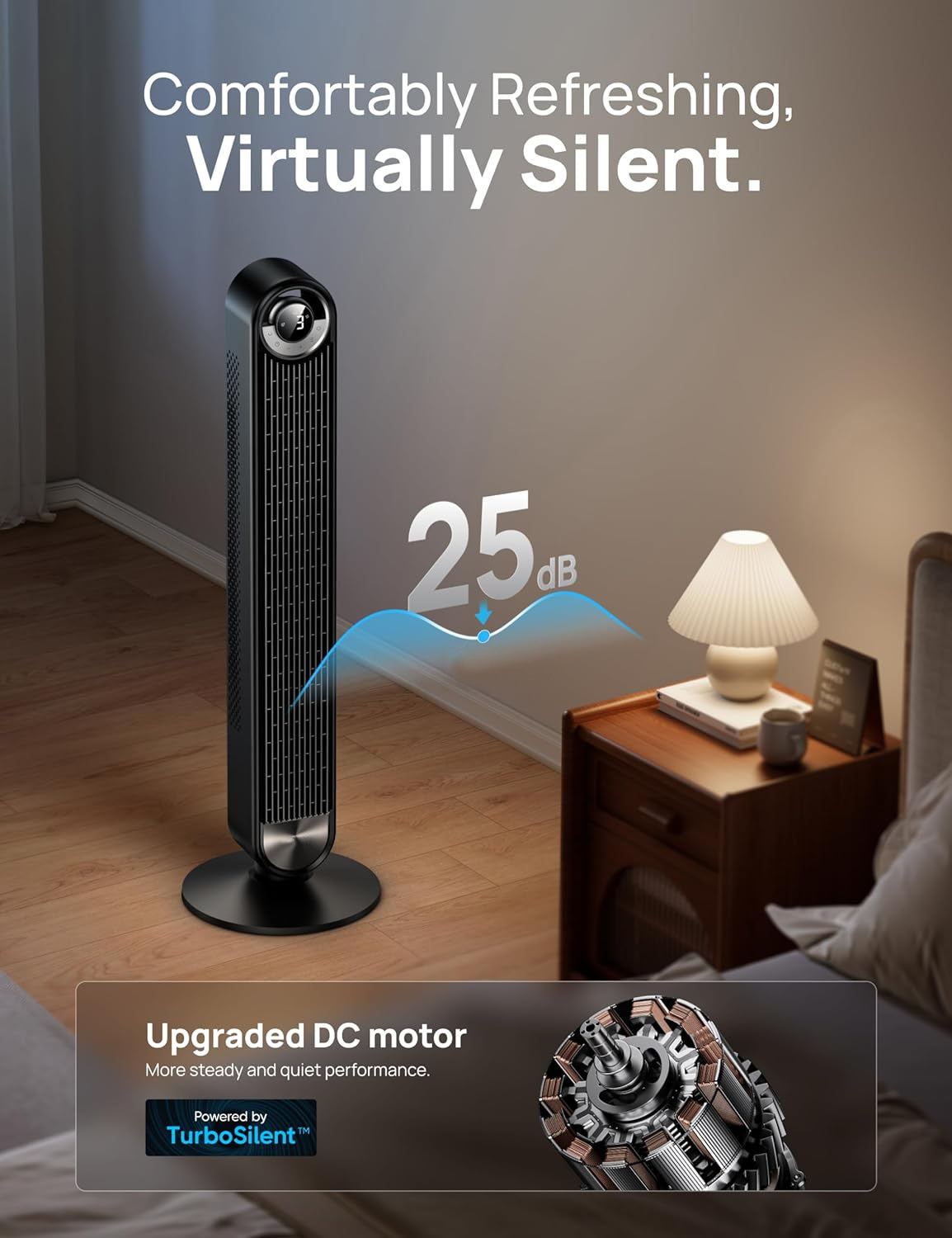 RadiCool Cruzer Pro T2S 42-Inch Smart WiFi Bladeless Tower Fan – 25dB Quiet 90° Oscillation