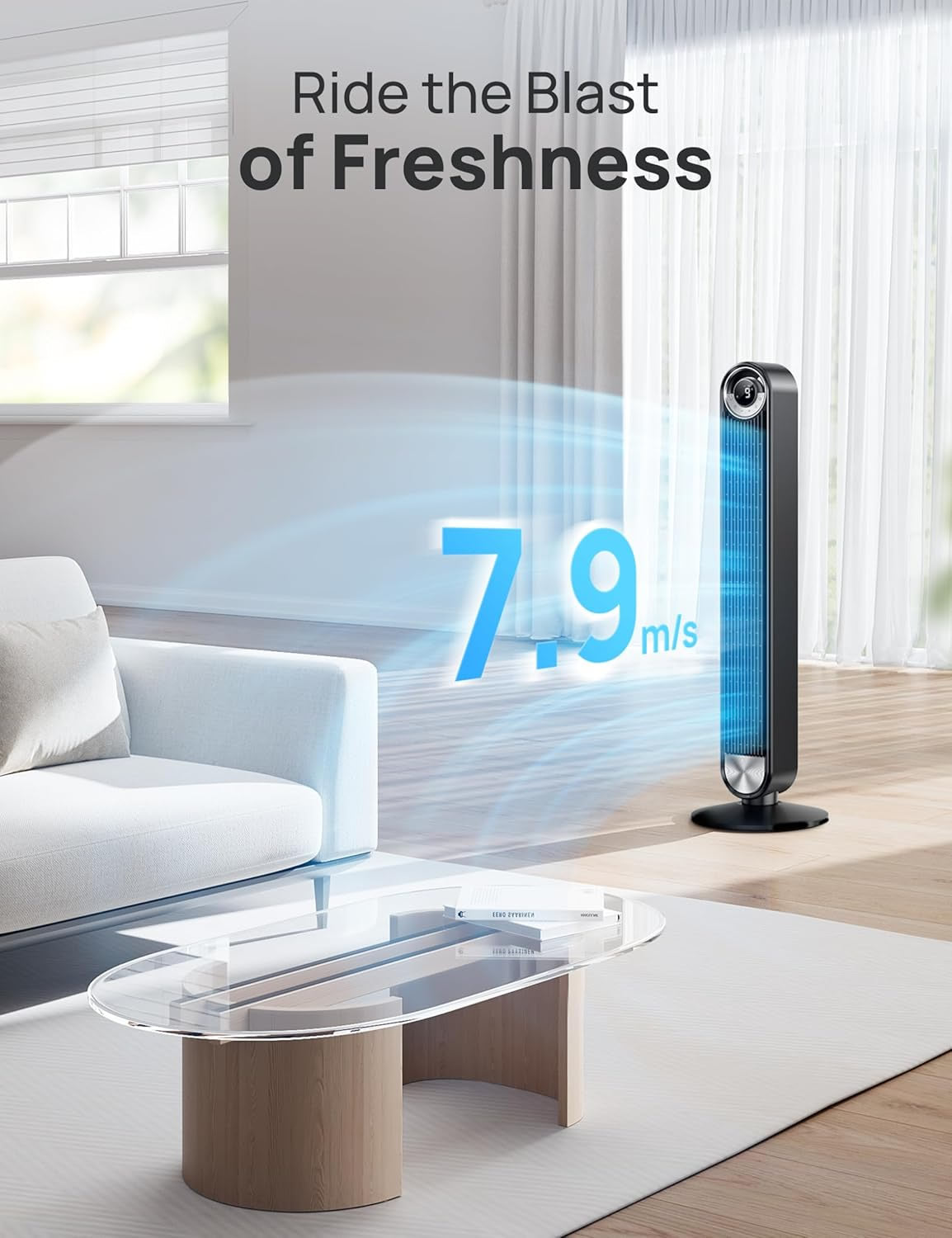 RadiCool Cruzer Pro T2S 42-Inch Smart WiFi Bladeless Tower Fan – 25dB Quiet 90° Oscillation